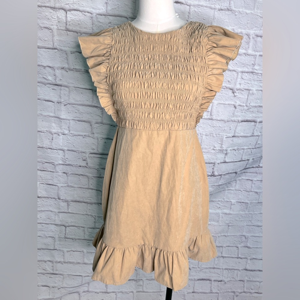 Urban Revivo tan ruffle smocked mini dress size Medium